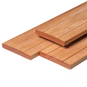 Hardhouten Bangkirai vlonderplank kunstmatig gedroogd, 1 zijde 2 v-groeven, 1 zijde glad 2,8 x 19,0 