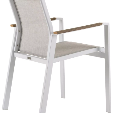 Set van 6 Alicante stapelbare tuinstoelen in wit aluminium en textilene en polywood armleuning