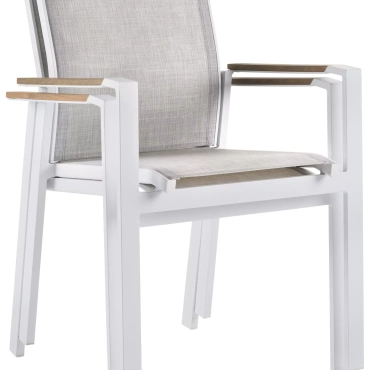 Set van 6 Alicante stapelbare tuinstoelen in wit aluminium en textilene en polywood armleuning